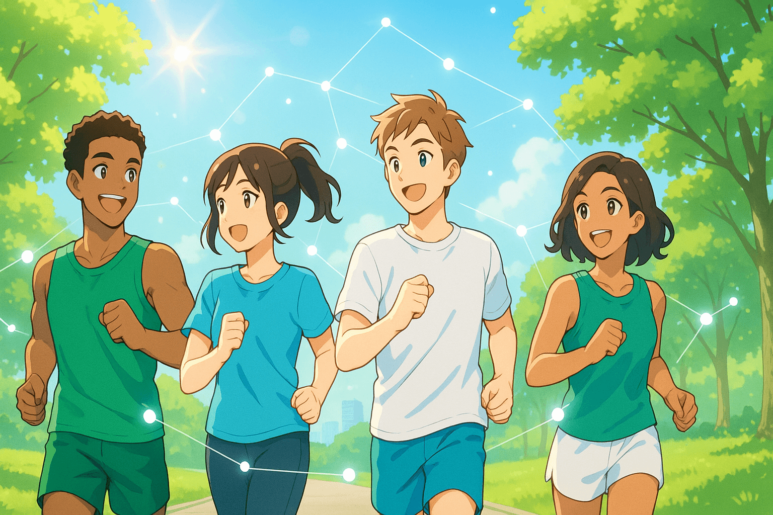 晴れた公園で笑顔で一緒に走る仲間たちと、彼らを結ぶ信頼のつながり（アニメ）